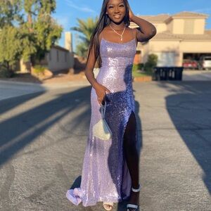 Windsor Purple Sequin Slit Prom Gown